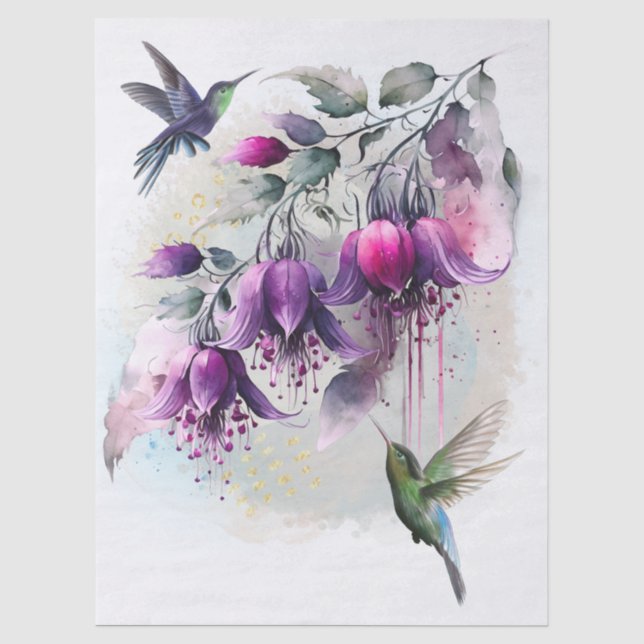 Papel De Seda Colibrí Flor de Fucsia Acuarela (Anverso)