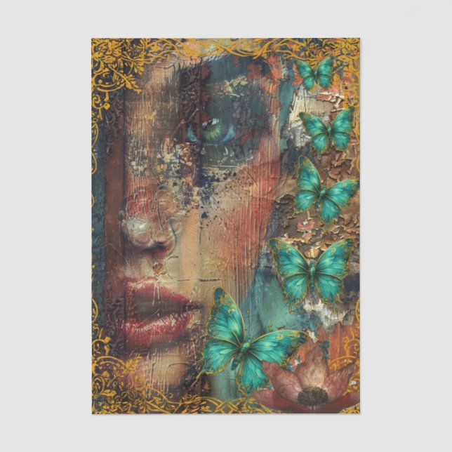 Papel De Seda Collage abstracto chicas cara y mariposas (Anverso)