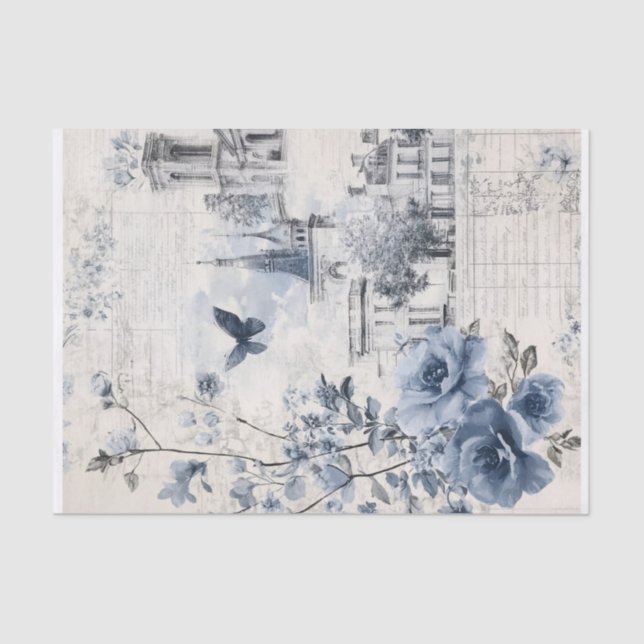 Papel De Seda Collage azul con Rosas y arquitectura (Anverso)