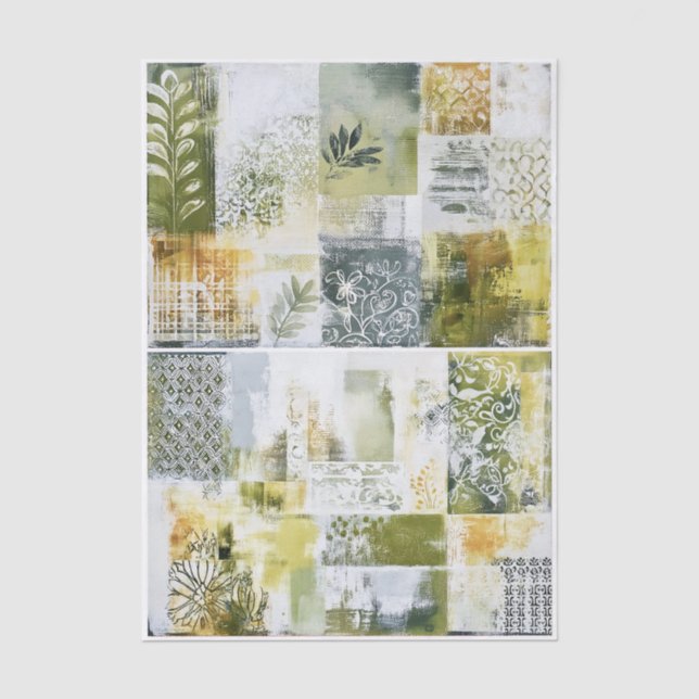 Papel De Seda Collage Botánico Abstracto en Verde EN9 Decoupage (Anverso)