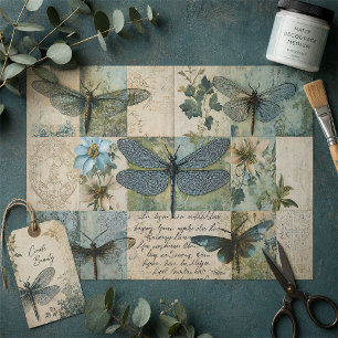 Papel De Seda Collage Botánico de Libélula Vintage Decoupage