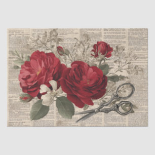 Papel De Seda Collage Botánico de Tijeras y Rosa Roja Vintage