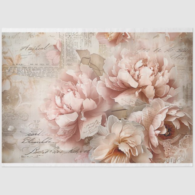 Papel De Seda Collage Botánico Floral Pastel Peonies Decoupage (Anverso)