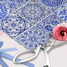 Collage de baldosas de cocina azul y blanca