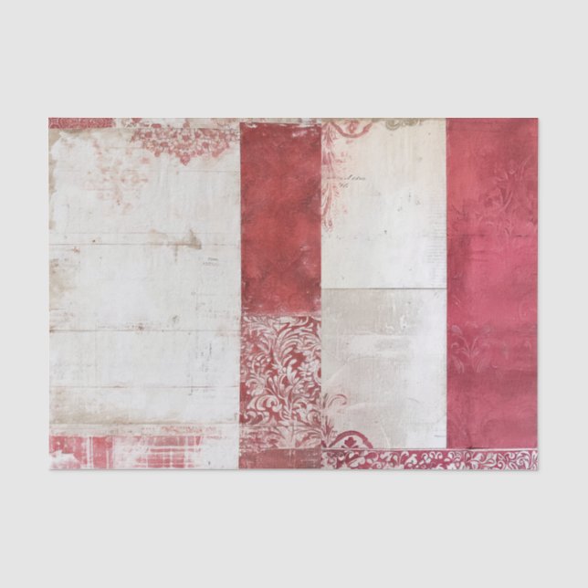 Papel De Seda Collage de damasco rojo y blanco angustiado (Anverso)