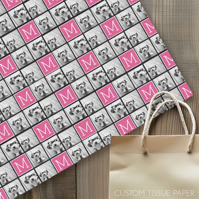 Papel De Seda Collage de fotos de moda negro y rosa con monogram (Custom Tissue Paper)