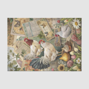 Papel De Seda Collage de Gallo y Gallina de Granja Vintage