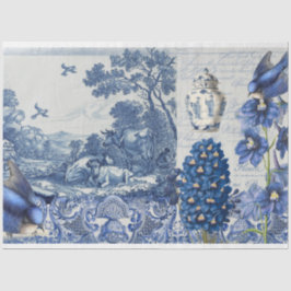 Papel De Seda Collage de guiones florales de tela azul en Chinoi