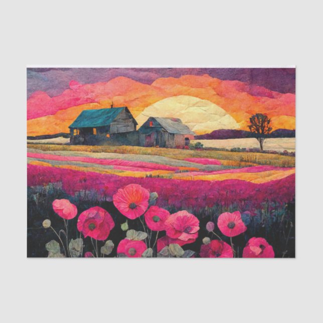 Papel De Seda Collage de la granja de amapola rosa (Anverso)