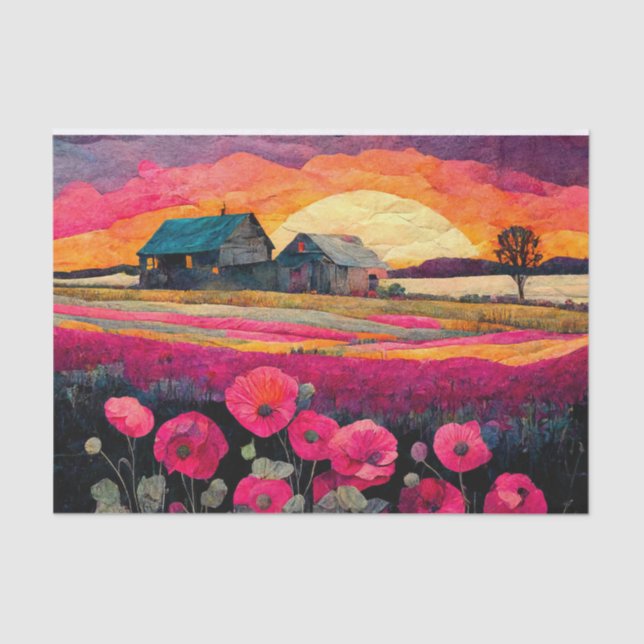 Papel De Seda Collage de la granja de amapola rosa (Anverso)