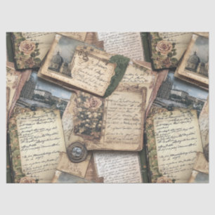 Papel De Seda Collage de letras antiguas románticas con Rosas