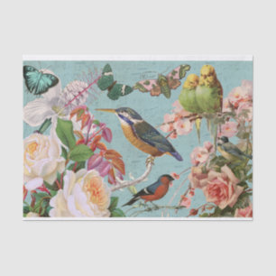Papel De Seda Collage de mariposas y pájaros de Rosas de la époc