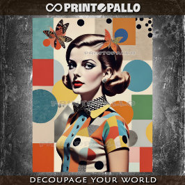 Papel De Seda Collage de Pop Art Mid Century: mujer y mariposas