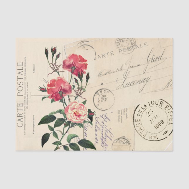 Papel De Seda Collage de postales francesas rosa rosa rosa (Anverso)