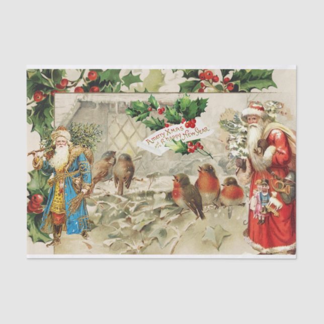 Papel De Seda Collage de Santa, Holly Berry y Birds (Anverso)