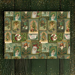 Papel De Seda Collage de tarjetas de Navidad Vintage festivo-Gre<br><div class="desc">Collage festivo y colorido con vintage tarjetas navideñas de la era victoriana que incluyen Santa,  ángeles,  estrellas,  flores de temporada y alegres saludos sobre fondo verde oliva profundo con destellos de oro.</div>