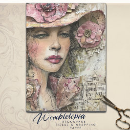 Papel De Seda Collage floral anticuado Desaparición de retrato f