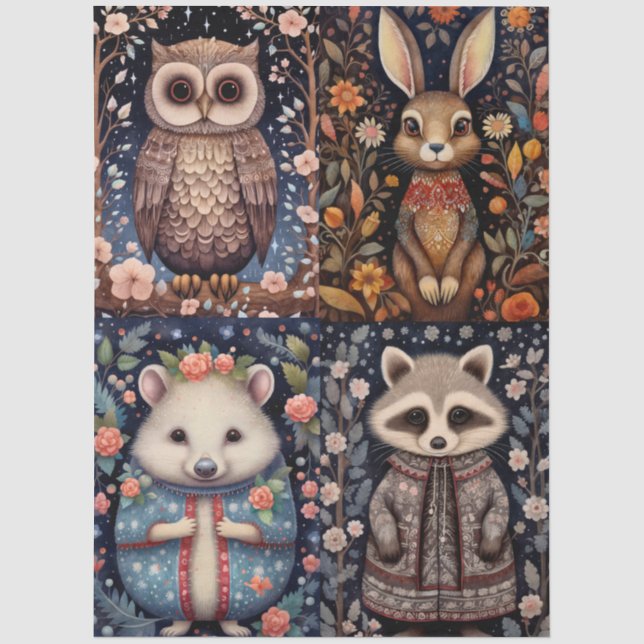 Papel De Seda Collage floral de animales de bosque de bosques gr (Anverso)