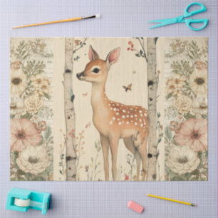 Papel De Seda Collage floral de Cottagecore Woodland Fawn