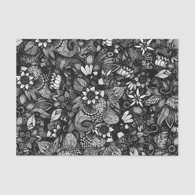 Papel De Seda Collage floral dibujado negro y blanco moderno (Anverso)