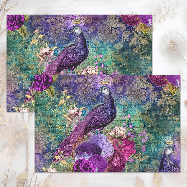 PAPEL DE SEDA COLLAJE DECOUPAGE FLORAL PAVO MORADO ROSA (PINK PURPLE PEACOCK FLORAL COLLAGE DECOUPAGE TISSUE PAPER)