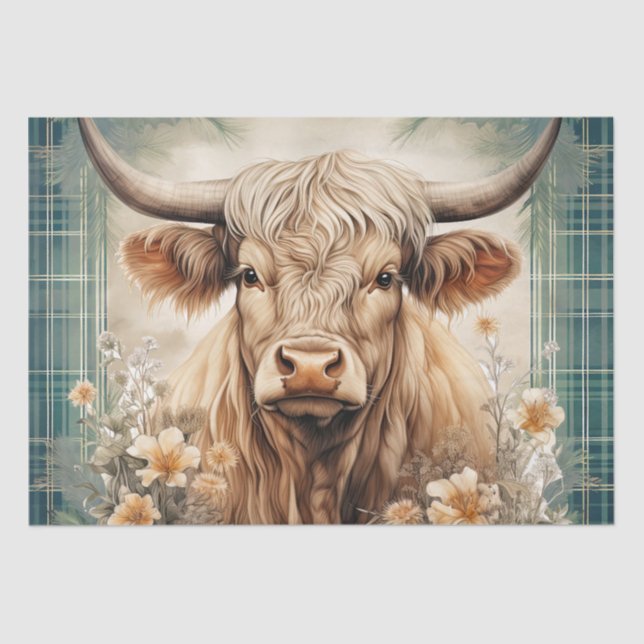 Papel De Seda Colorante de agua Highland Cow Tartan (Anverso)