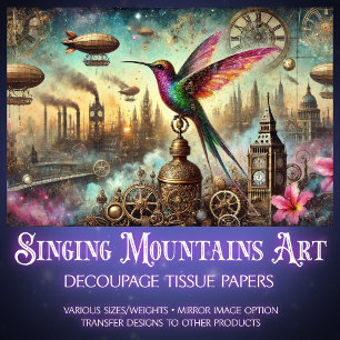 Papel De Seda Colorido Paisaje Aéreo Steampunk de Colibrí en Téc