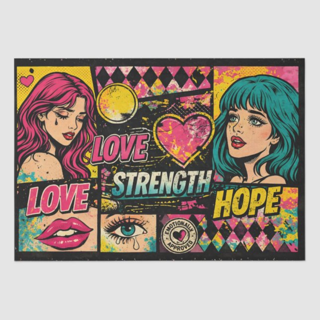 Papel De Seda Comic Pop Art Decoupage Paper Love Strength Hope  (Anverso)
