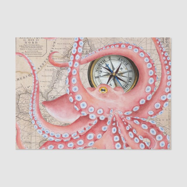 Papel De Seda Compass de mapa de cosecha de pulpo rojo (Anverso)