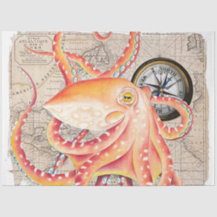 Papel De Seda Compass Octopus Rojo Mapa de cosecha Beige Nautica