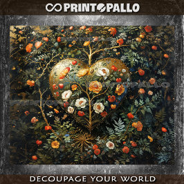 Papel De Seda Composición de flores medievales con corazón de or