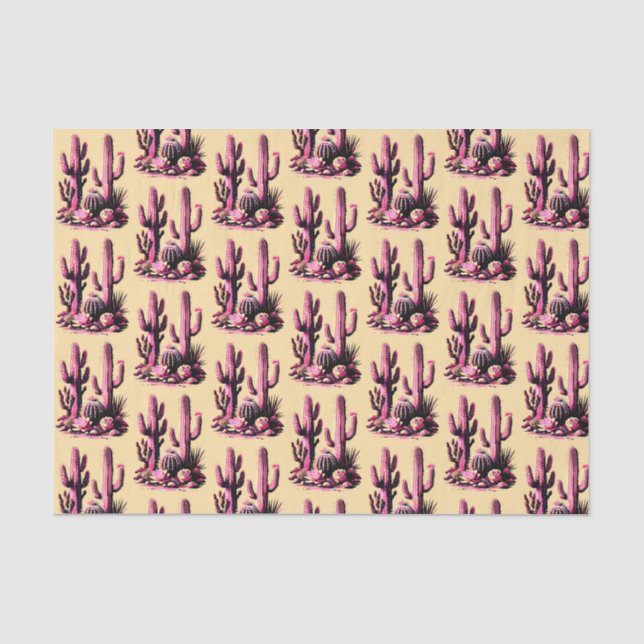 Papel de seda con cactus rosados sobre fondo beige (Anverso)