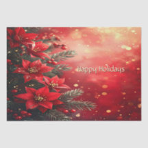 Papel de seda con poinsettias rojas y bayas