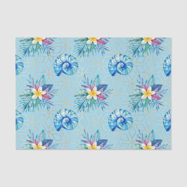 Papel De Seda Conchas azules y flores (Anverso)