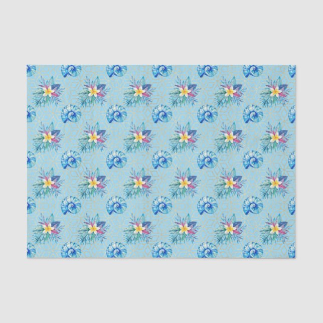 Papel De Seda Conchas azules y flores 2 (Anverso)