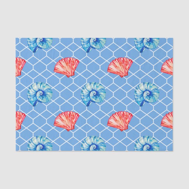 Papel De Seda Conchas de mar azules y rojas (Anverso)