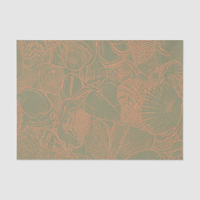 Papel De Seda Conchas de playa costeras verde naranja decoupage (Anverso)