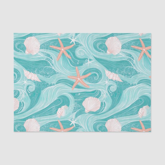 Papel De Seda Conchas y olas del océano Patrón (13) (Anverso)