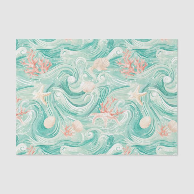 Papel De Seda Conchas y olas del océano Patrón (8) (Anverso)