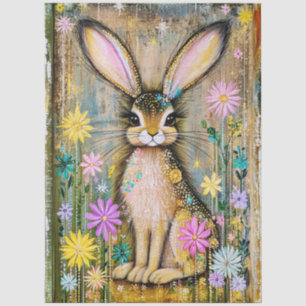 Papel De Seda Conejito Boho y Flores de Primavera, Arte Folclóri