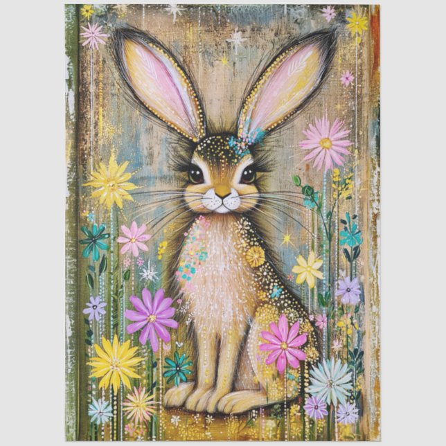 Papel De Seda Conejito Boho y Flores de Primavera, Arte Folclóri (Anverso)