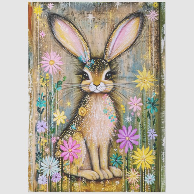 Papel De Seda Conejito Boho y Flores de Primavera, Arte Folclóri (Anverso)