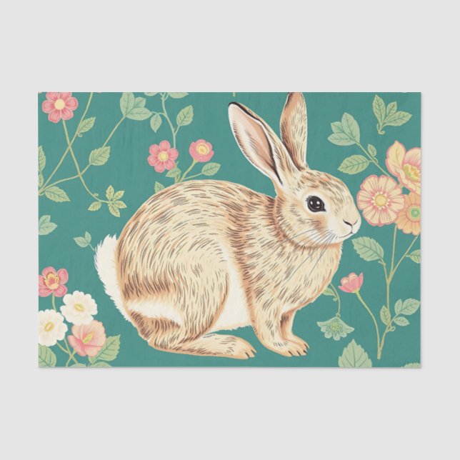 Papel De Seda Conejito Lindo Patrón Floral Teal (Anverso)