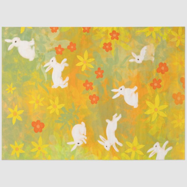 Papel De Seda Conejitos blancos en un campo de flores (Anverso)