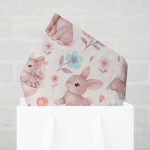 Papel De Seda Conejitos y flores en patrón de acuarela adorable