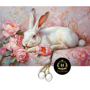 Papel De Seda Conejo Blanco Elegante y Peonías Rosadas Decoupage