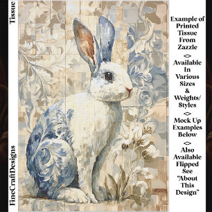 Papel De Seda Conejo Blanco, Patrón Floral Azul EC4R Decoupage