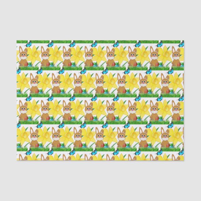Papel De Seda Conejo de Pascua y Flor de Daffodis Amarillos (Anverso)