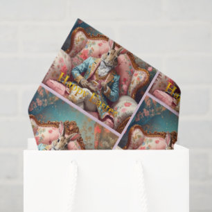 Papel De Seda Conejo elegante bebiendo té Feliz Pascua