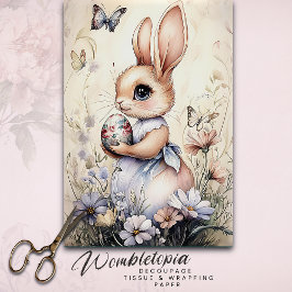 Papel De Seda Conejo vintage de Pascua con huevo pintado y flor 